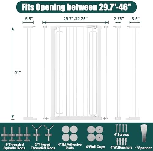 keny 51" Extra Tall Pet Gate, 29.7"-46" Wide Adjustable Cat Gate