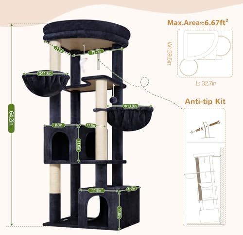 Globlazer C64 Heavy Duty Corner Cat Tree, 64in Large Cat Tower, Dark Grey