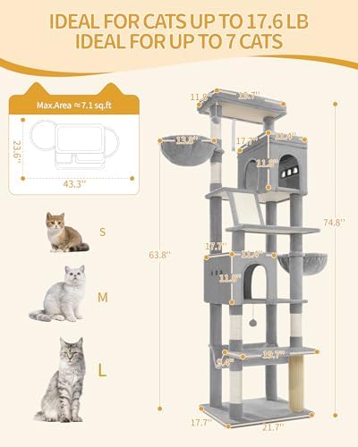 Hzuaneri Tall Cat Tree 75 Inch, Indoor Large Multi-Level Cat Tower