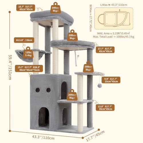 Heybly Cat Tree, 59.4" Secure Anti-Tip Cat Tower