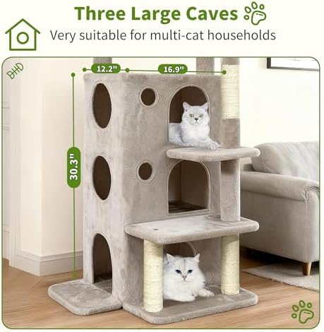 48" Cat Apartment Cat Tree, 3 Cozy Cat Condos, Light Gray