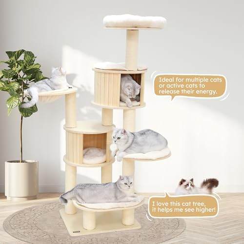 NUNU LAB 69’’ Modern Cat Tree for Large Cats, Wood Cat Tree Tower