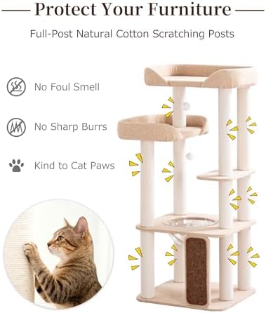 53" Cat Tree Tower for Large Cats, Large Perch & Sisal Board