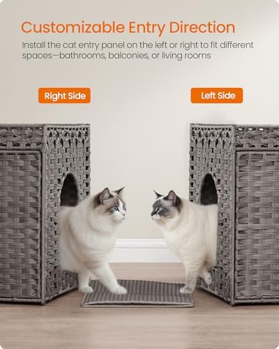 Feandrea Cat Litter Box Enclosure, Handwoven Rattan End Table, Extra Mat