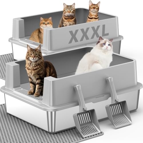 2 Pack Extra Large Open Stainless Steel Cat Litter Box, Light Gray