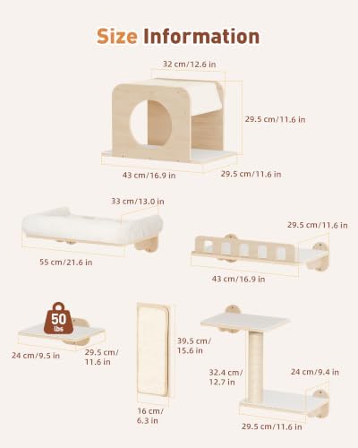 6-in-1 Cat Wall Shelves for Large Cats, Large Cat Bed, Wide Perch