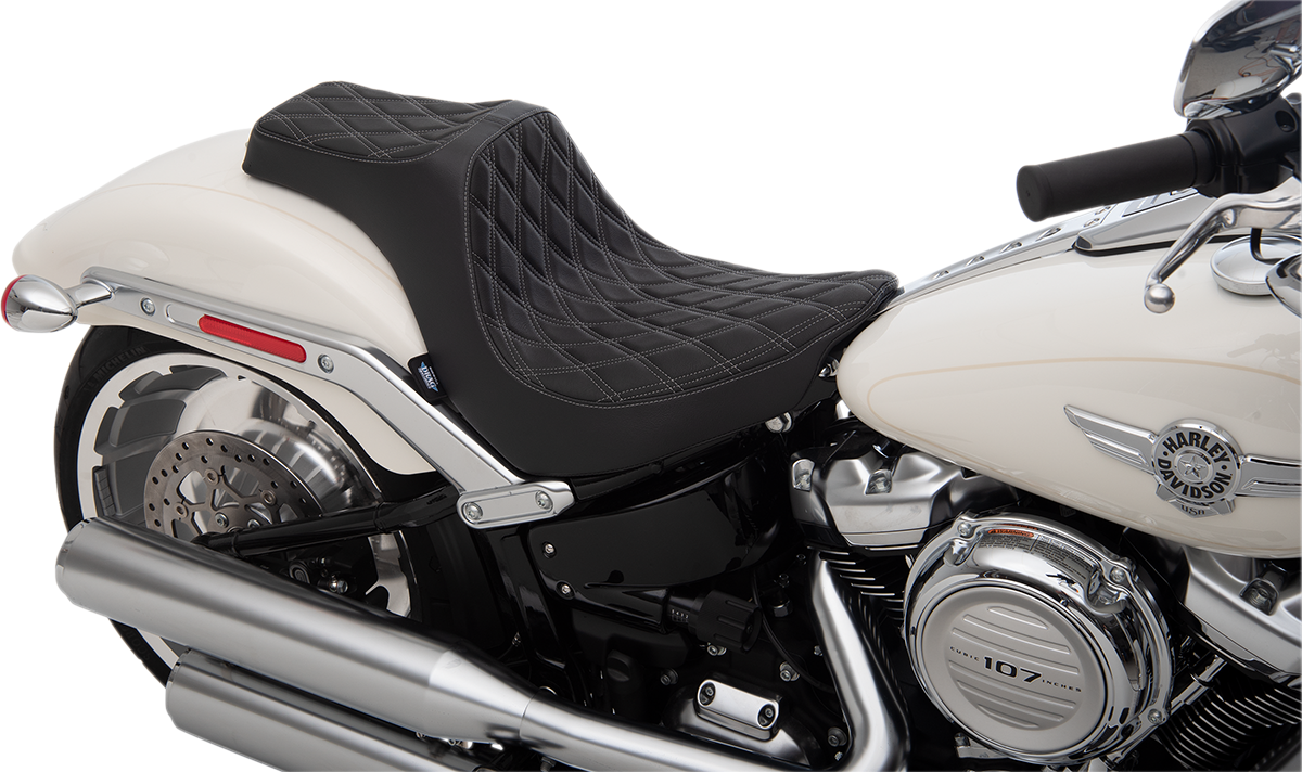 DRAG SPECIALTIES SEATS, Drag Specialties Seats Predator III Seat - Double Diamond Silver Stitching for Harley FLFB 2018-2025 (Part #0802-1189)