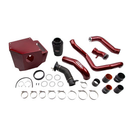 20-24 Duramax L5P Stage 3 High Flow Bundle Kit by Wehrli, featuring high-quality reinforced silicone boots, stainless t-bolt clamps, and a full assembly in a vibrant red finish for enhanced performance and durability.