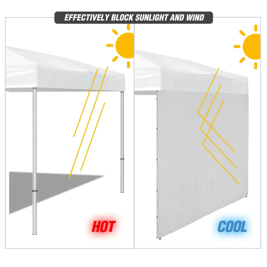 Illustration comparing sunlight blocking with and without the REDCAMP 10x6.2ft Instant Canopy Sidewall for 10x10ft Pop Up Canopy.
