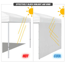 Load image into Gallery viewer, Illustration comparing sunlight blocking with and without the REDCAMP 10x6.2ft Instant Canopy Sidewall for 10x10ft Pop Up Canopy.