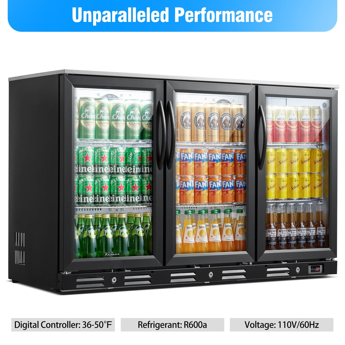 Kalamera three-door 11.2cu.ft back bar undercounter commercial beverage cooler with 304 S/S top board
