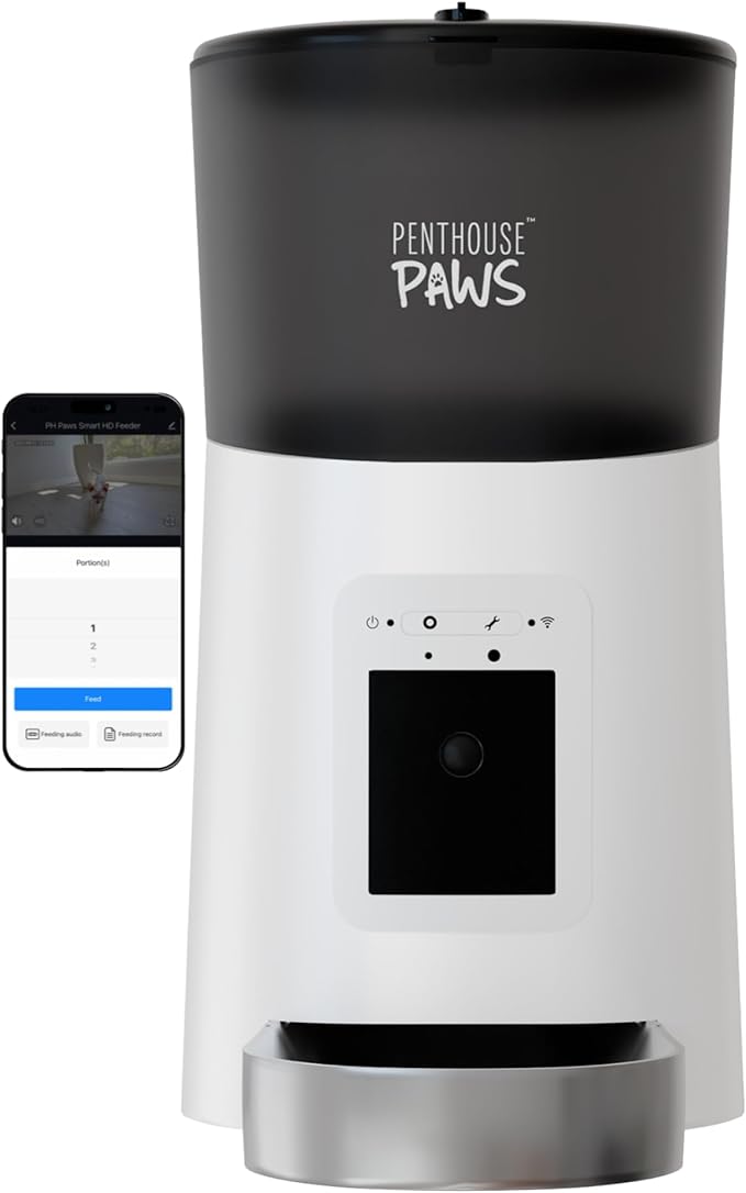 Smart HD Cat Feeder, 2 Way Audio + Voice Recording, Automatic Feeder for Dog with 1080p Night Vision Camera, WiFi App Controlled, Battery Backup, Anti Jam 6L Upto 15 Daily Meals, White Stainless