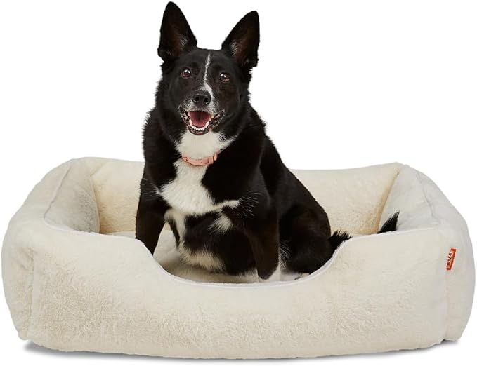 FUZI Luxury Aesthetic Dog Bed for Large Dogs with Washable Cover, Pet Couch, Pet Bed with Sides, Non-Slip Bottom, Soft and Durable Calming Dog Bed, Faux Rabbit Fur, Large 35.6x28.5x9.5 Soft White