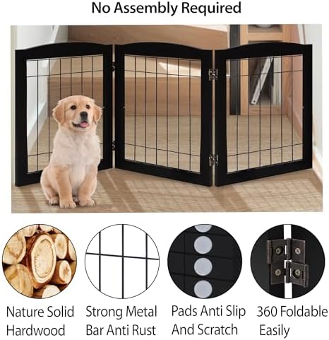 LZRS 3-Panel Freestanding Foldable Wooden Dog Gate –Solid Wood & Steel Wire