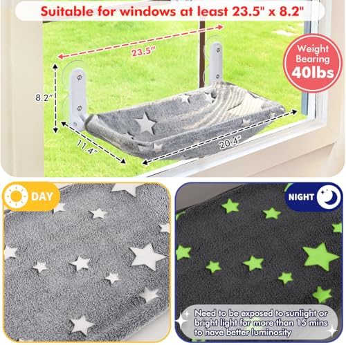 Zoratoo Glow in the Dark Cat Window Perch, Foldable Cordless Pet Hammock