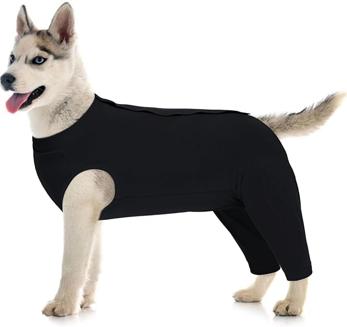 Kuoser Dog Surgery Suit Female Spay Male Neuter, Dog Leg Sleeve to Stop Licking Soft Dog Onesie for Abdominal Wound, Dog Recovery Suit Rear Leg Sleeves Pet Elbow Brace Protector, Black XL