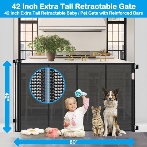 Reinforced 42" Tall X 80" Wide Retractable Dog Gate