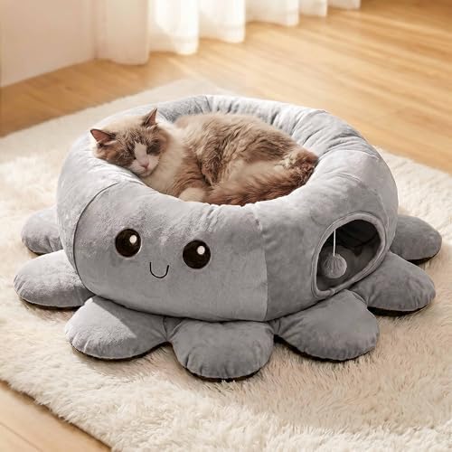 Cat Tunnel Bed for Indoor Cats, Peekaboo Cat Cave Bed