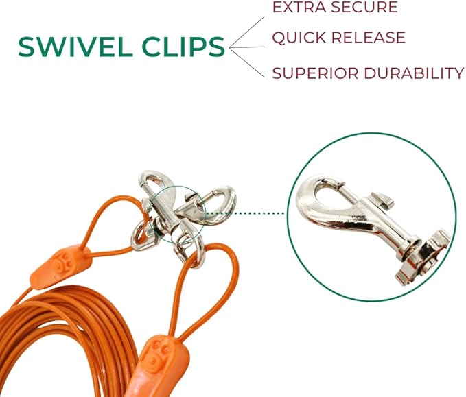 30FT Tie-Out Cables for Dogs - Strong, Safe, and Durable Dog Tie-Outs for Every Breed up to 125 Pounds - Weather and Wear Resistant Galvanized Aircraft Cable for Outside Use
