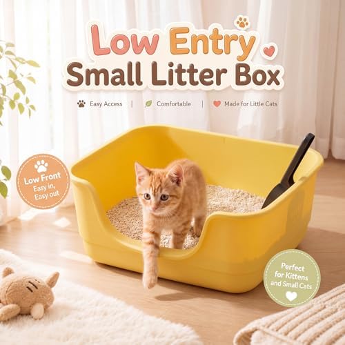 Bokon 2 Pack Yellow Green Small Cat Low Entry Litter Box, Kitty Litter Pan
