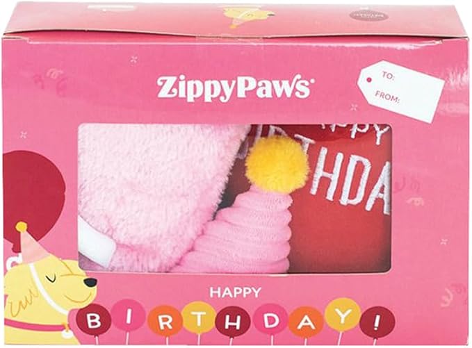 ZippyPaws Birthday Box - Dog Squeaky Toys to Keep Them Busy, Funny Food Plush for Small, Medium, & Large Dogs, Cute Stuffed Puppy Toy & Hat, Pet Products, Gift for Dogs of All Breeds - 3-Pack, Pink
