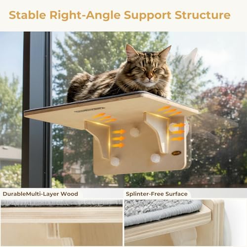 Pecute 2-in-1 Large Cat Window Perch & Wall Shelves, Solid Wood