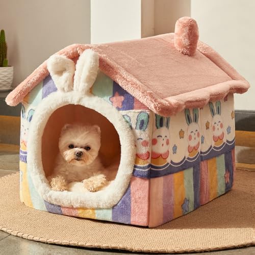 Cute Small Dog House Indoor, Foldable House Kennel Bed Mat