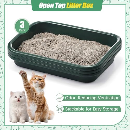 Uiifan 3Pcs Large Low Entry Cat Litter Box, Dark Green