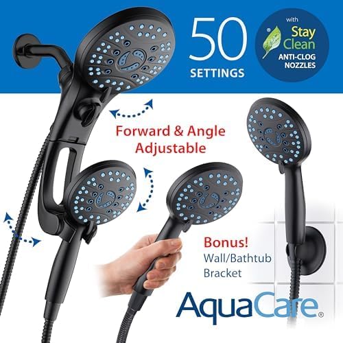 Hotel Spa AquaCare for California As-Seen-On-TV High Pressure Handheld Rain 50-mode 3-way Shower Head Combo with Adjustable Arm, Anti-clog Jets, Tub & Pet Power Wash, 6 ft. Hose, Matte Black