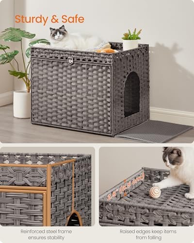 Feandrea Cat Litter Box Enclosure, Handwoven Rattan End Table, Extra Mat
