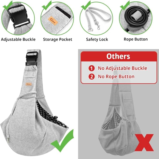CUBY Dog and Cat Sling Carrier, Hands Free Reversible Pet Papoose Bag, Soft Pouch Adjustable, Suitable for Puppy Cats for Outdoor Travel (Grey, M-Adjustable Strap)