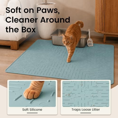 OHMO Large Cat Litter Mat, 31.5x23.6 Silicone Trapping Mat Light Blue
