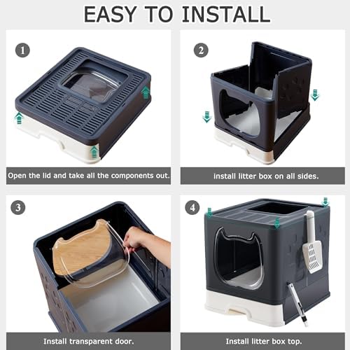 Cat Litter Box with Lid, Foldable Enclosed Covered Top Entry Kitten Litter Boxes