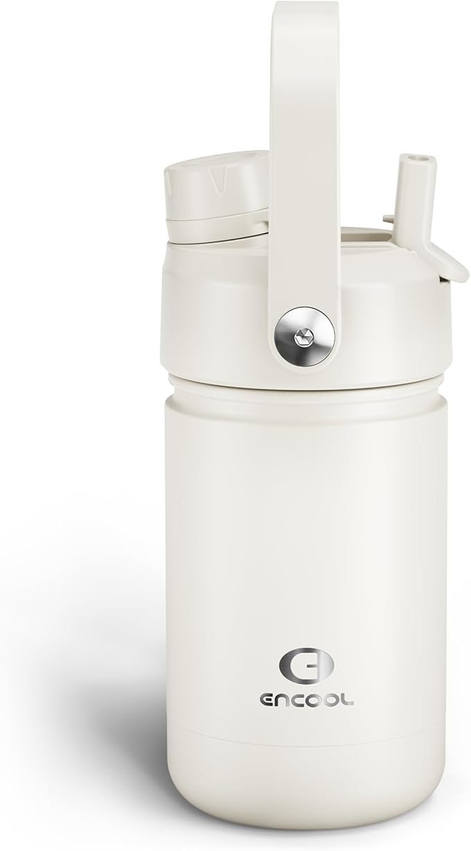 Kids Insualated Water Bottle with Straw - 12oz Stainless Steel Water Bottle with Dual Spouts, Leak-Proof, BPA-Free, Double Wall Vacuum Keeps Cold for 24 Hours for Sports, Travel, School (Cream Moon)