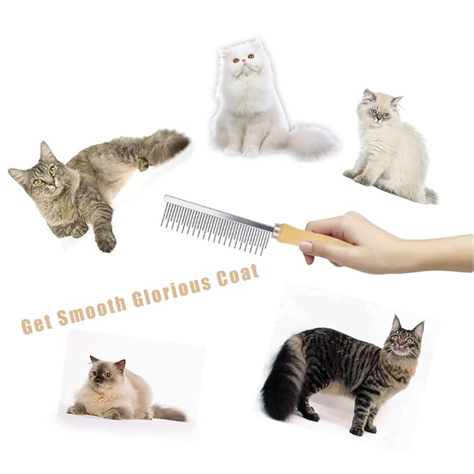 Dog Cat Grooming Comb with Wooden Handle Stainless Steel Teeth, Pet Grooming Supplies Accessories for Hairy Pets (Dual Teeth)