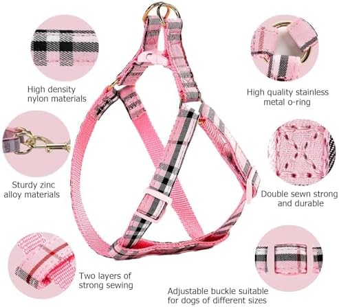 Cute Plaid Dog Harness & Leash Set, Adjustable No‑Pull Safety Buckle Harness