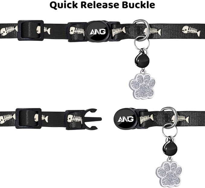 Personalized Breakaway Cat Collars Glow-in-The-Dark with ID Tag, Bell - Safety Quick - Release, Customizable for Female Male Kittens & Cats (Black)