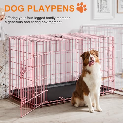 FDW | 48" Foldable Metal Dog Crate | Pink | Cage