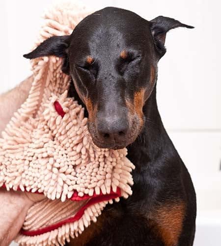Soggy Doggy Super Shammy Dog Towel - Microfiber Chenille Towel for Drying Dogs and Cleaning Paws - Fast Drying with Hand Pockets for Ease (Beige/Red Trim, 31” x 14”)
