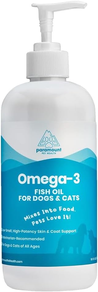 Wild-Caught Omega 3 Fish Oil for Dogs & Cats, Liquid EPA DHA Supplement for Skin, Coat, Joints & Heart, Low-Odor Omega 3 Drops for Small Dog Breeds & Cats with Itchy Skin, 16 oz