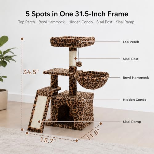 PETEPELA Leopard Cat Tree for Kittens & Small Cats, 32in Cat Tower