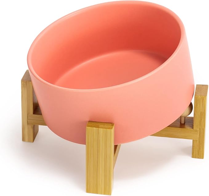 SPUNKYJUNKY 15° Slanted Ceramic Dog and Cat Bowl with Wooden Stand, Tilted Bulldog Food and Water Bowl No Slip Non-Spill for Cats Medium Dogs Big Face Pets 28.7 OZ (3.6 Cups,Pink)