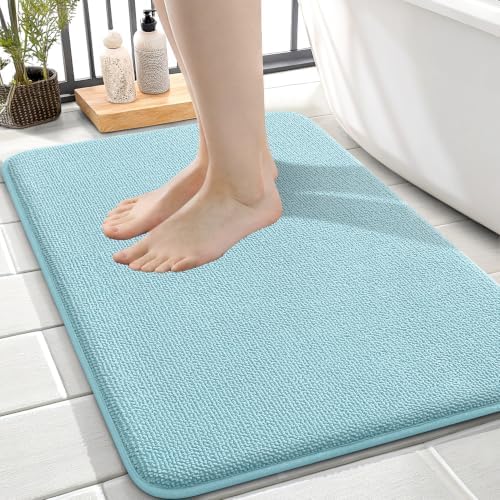 OLANLY Memory Foam Small Bathroom Rugs 24x16, Absorbent Bath Mat, Sky Blue