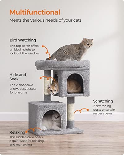 Feandrea Cat Tree, 29.1-Inch Small Cat Tower, Cute Plush Condo, Light Gray