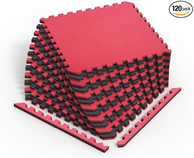 Norsk Reversible Gym Exercise Mats 3/4" Thick EVA Interlocking Foam Tiles, Perfect Gym Flooring for Home Gym, 40 Tiles & 80 Trim Pieces, 160 Sq. Ft. Reversible, Red/Black