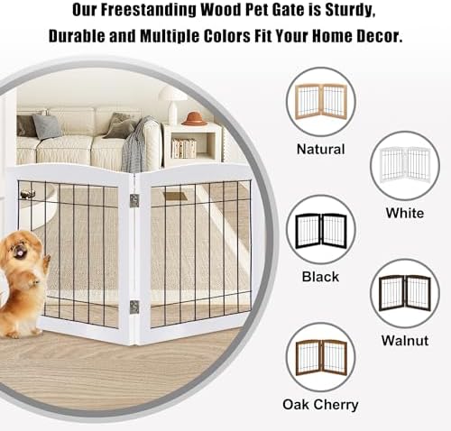 LZRS 2-Panel Freestanding Foldable Wood Dog Gate – Solid Wood & Steel Wire