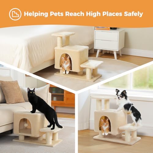 3-in-1 Cat Stairs with Scratching Post & Condo, Pet Steps