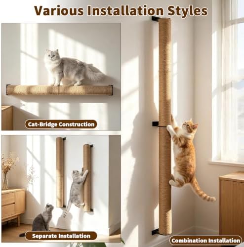 FHTONGE 63" Wall Mounted Cat Scratch Post, Adjustable Tall Jute Climb Pole