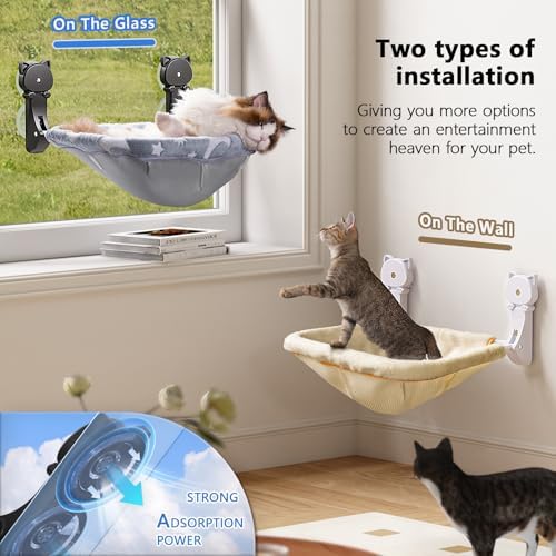 JUNSPOW Cat Window Perch Cordless, Glow in The Dark & Stable Cat Beds-