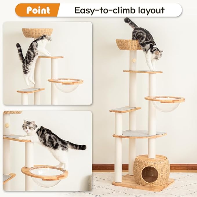 Wooden Cat Tower for Large Cats 63’‘, Modern Multi-Level Condo with Natural Wood, Indoor Cat Furniture for Medium and Big Pets (White 81007s)